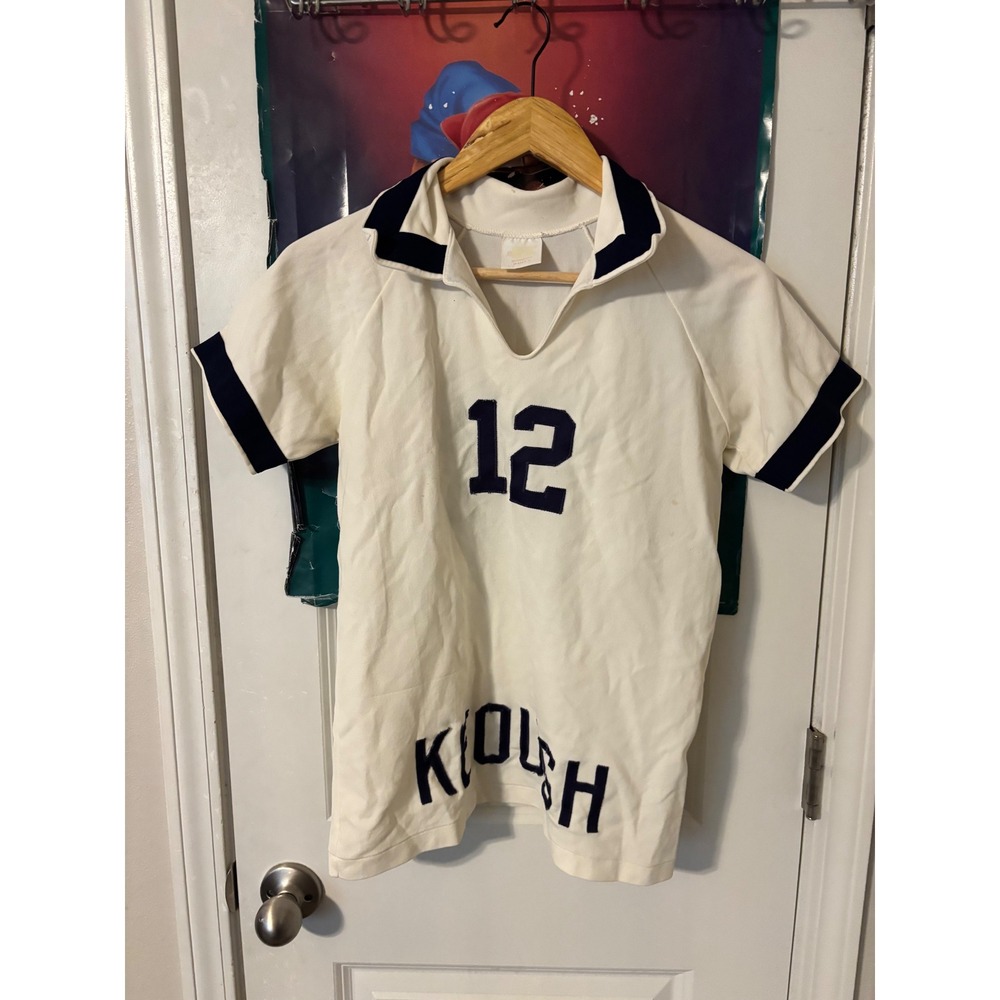 Vintage Russell Sportswear Keough 12 Jersey Cream Navy Blue V-Neck Top Misses 12